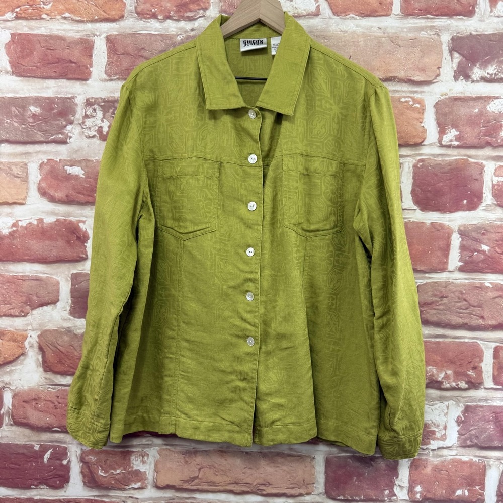 Vintage Chicos Top Women's XL Green Linen Blend Floral Jacquard Button Up Shirt
